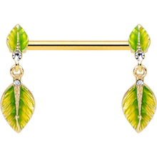 14G 5/8 Clear Gem Gold Tone Lush Leaves Dangle Nipple Ring Set