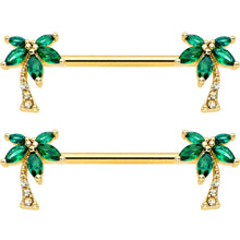 14G 9/16 Clear Green Gem Gold Tone Palm Tree Nipple Ring Set