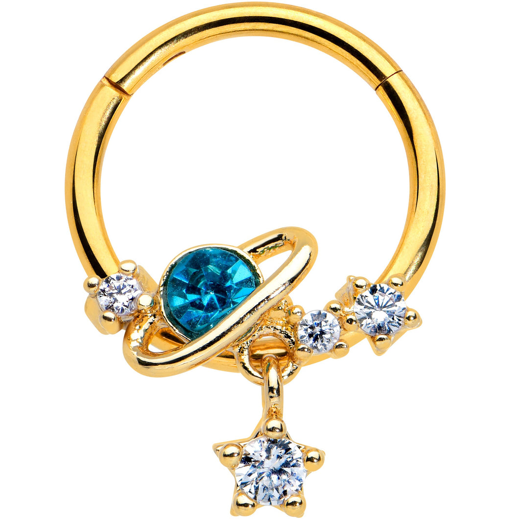 16G 3/8 Clear CZ Gem Gold Hue Blue Saturn Star Hinged Segment Ring