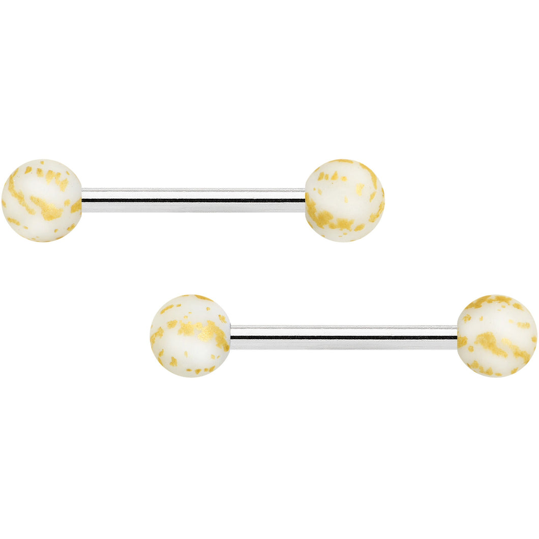 14G 9/16 Matte White Splatter Barbell Nipple Ring Set