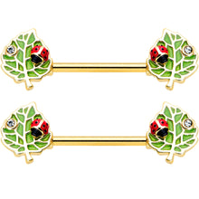 14G 9/16 Clear Gem Gold Hue Leafy Ladybug Barbell Nipple Ring Set