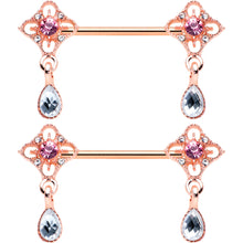 14G 9/16 Purple Grey Gem Rose Gold Tone Dangle Nipple Ring Set