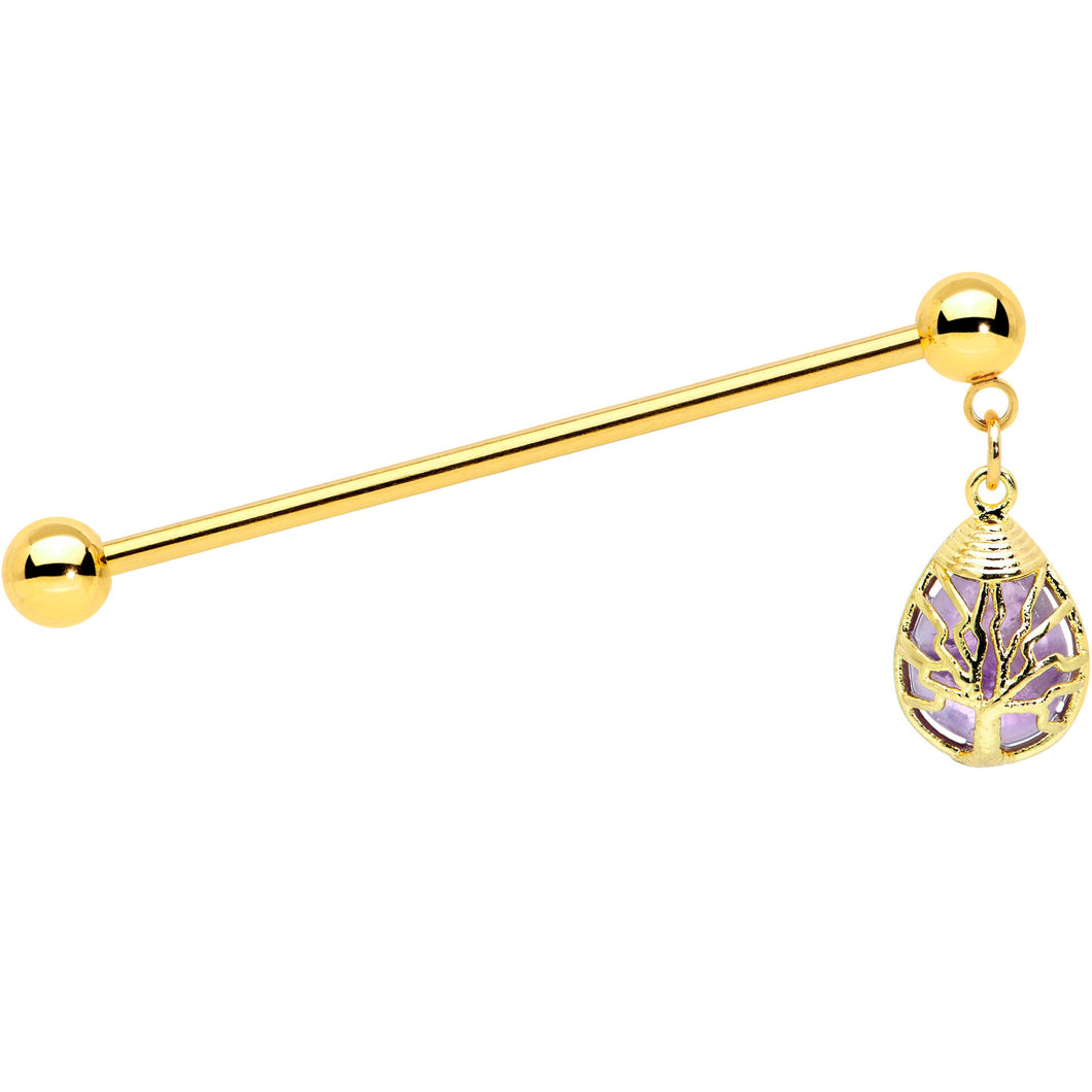 14G Amethyst Gold Tone Drop Tree Dangle Industrial Barbell 38mm