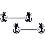 14G 9/16 Clear Gem Flowers Black Cat Barbell Nipple Ring Set