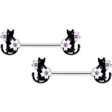 14G 9/16 Clear Gem Flowers Black Cat Barbell Nipple Ring Set