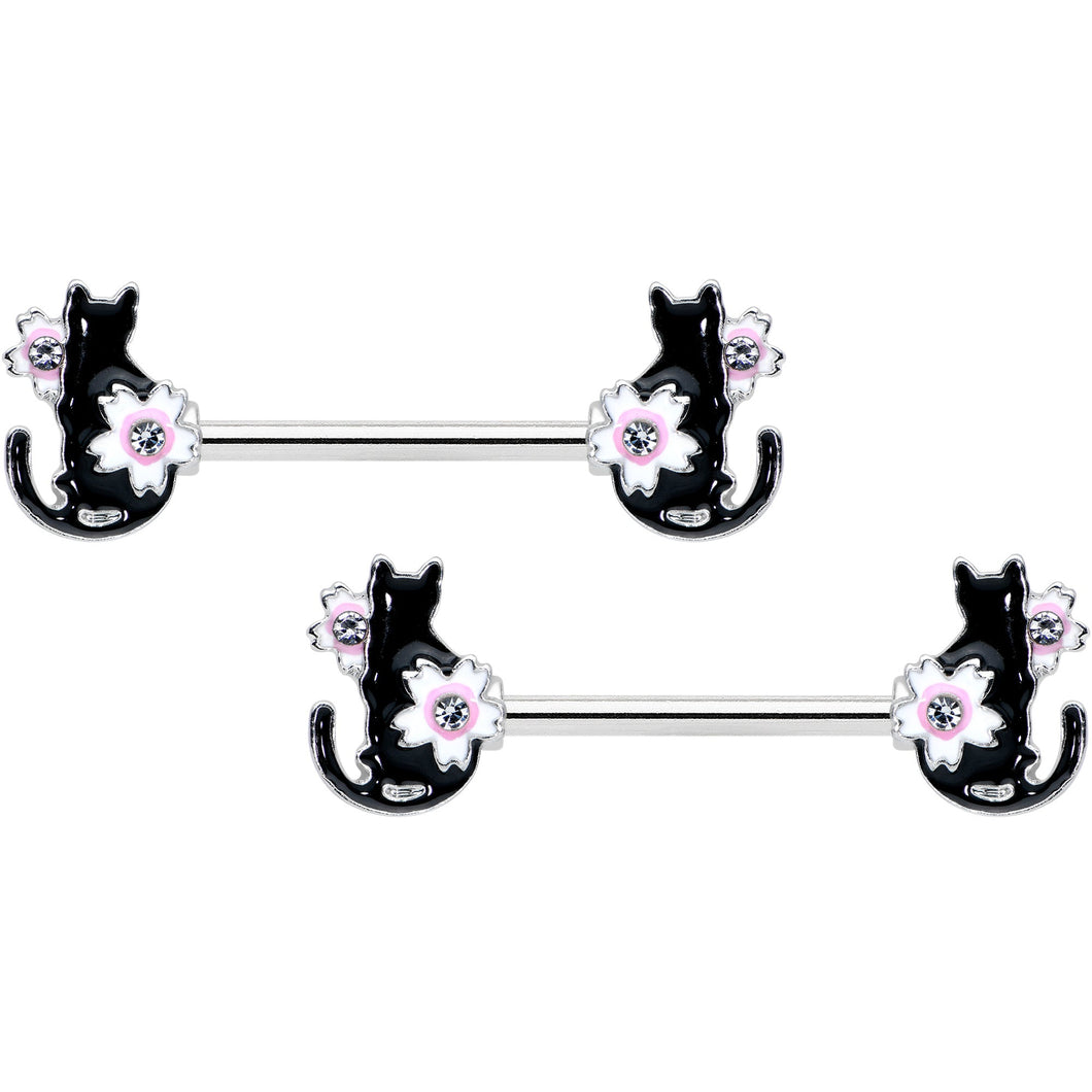 14G 9/16 Clear Gem Flowers Black Cat Barbell Nipple Ring Set