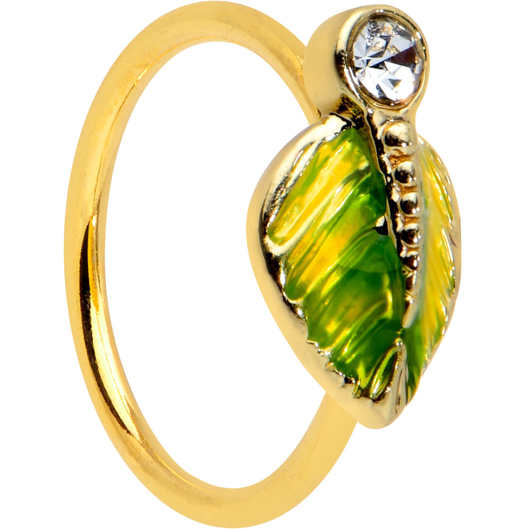20G 5/16 Clear Gem Gold Tone Lush Green Leaf Nose Hoop