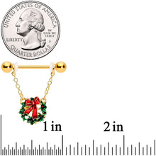 14G 5/8 Gold Tone Festive Wreath Christmas Dangle Nipple Ring Set