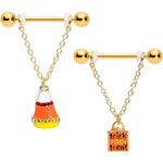 14G 9/16 Gold Tone Candy Corn Halloween Dangle Nipple Ring Set