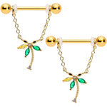 14G 9/16 Green Gem Gold Hue Palm Tree Chain Dangle Nipple Ring Set