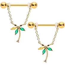 14G 9/16 Green Gem Gold Hue Palm Tree Chain Dangle Nipple Ring Set