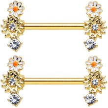 14G 1/2 Clear Gem Gold Tone Sunny Day Daisy Nipple Ring Set
