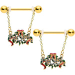 14G 9/16 Clear Gem Gold Tone Garland Christmas Nipple Ring Set