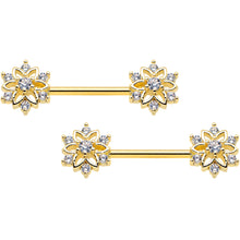 14G 9/16 Clear Gem Gold Tone Flower Snowflake Christmas Nipple Ring Set