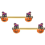 14G 9/16 Gold Hue Black Witch Cat Pumpkin Barbell Nipple Ring Set