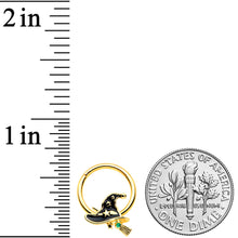 16G 3/8 Gold Tone Witch Hat Broom Halloween Hinged Segment Ring