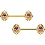 14G 9/16 Pink Gem Gold Hue Open Lace Love Barbell Nipple Ring Set