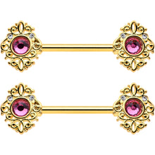 14G 9/16 Pink Gem Gold Hue Open Lace Love Barbell Nipple Ring Set