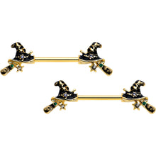 14G 9/16 Clear Gem Gold Tone Witch Hat Broom Nipple Ring Set