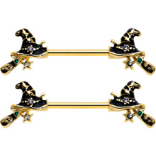 14G 9/16 Clear Gem Gold Tone Witch Hat Broom Nipple Ring Set
