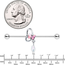 14G Heart Pink Butterfly Dangle Industrial Barbell 38mm