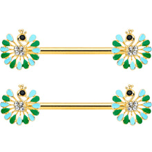 14G 5/8 Clear Gem Gold Hue Pretty Peacock Barbell Nipple Ring Set