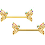 14G 9/16 Clear CZ Gem Gold Tone Heart Butterfly Nipple Ring Set