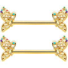 14G 9/16 Clear CZ Gem Gold Tone Heart Butterfly Nipple Ring Set
