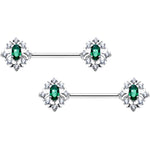 14G 9/16 Clear Green Gem Ornate Art Deco Barbell Nipple Ring Set