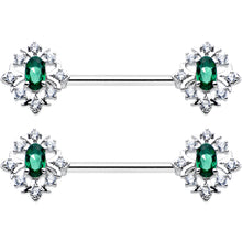 14G 9/16 Clear Green Gem Ornate Art Deco Barbell Nipple Ring Set