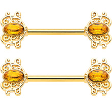 14G 9/16 Yellow Gem Gold Hue Duet Scroll Barbell Nipple Ring Set