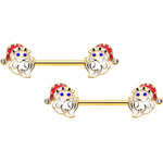 14G 9/16 Clear Gem Gold Hue Happy Santa Christmas Nipple Ring Set