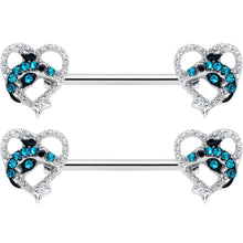 14G 9/16 Clear Blue Gem Dolphin Heart Barbell Nipple Ring Set