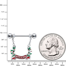 14G 9/16 Festive Merry Christmas Chain Dangle Nipple Ring Set