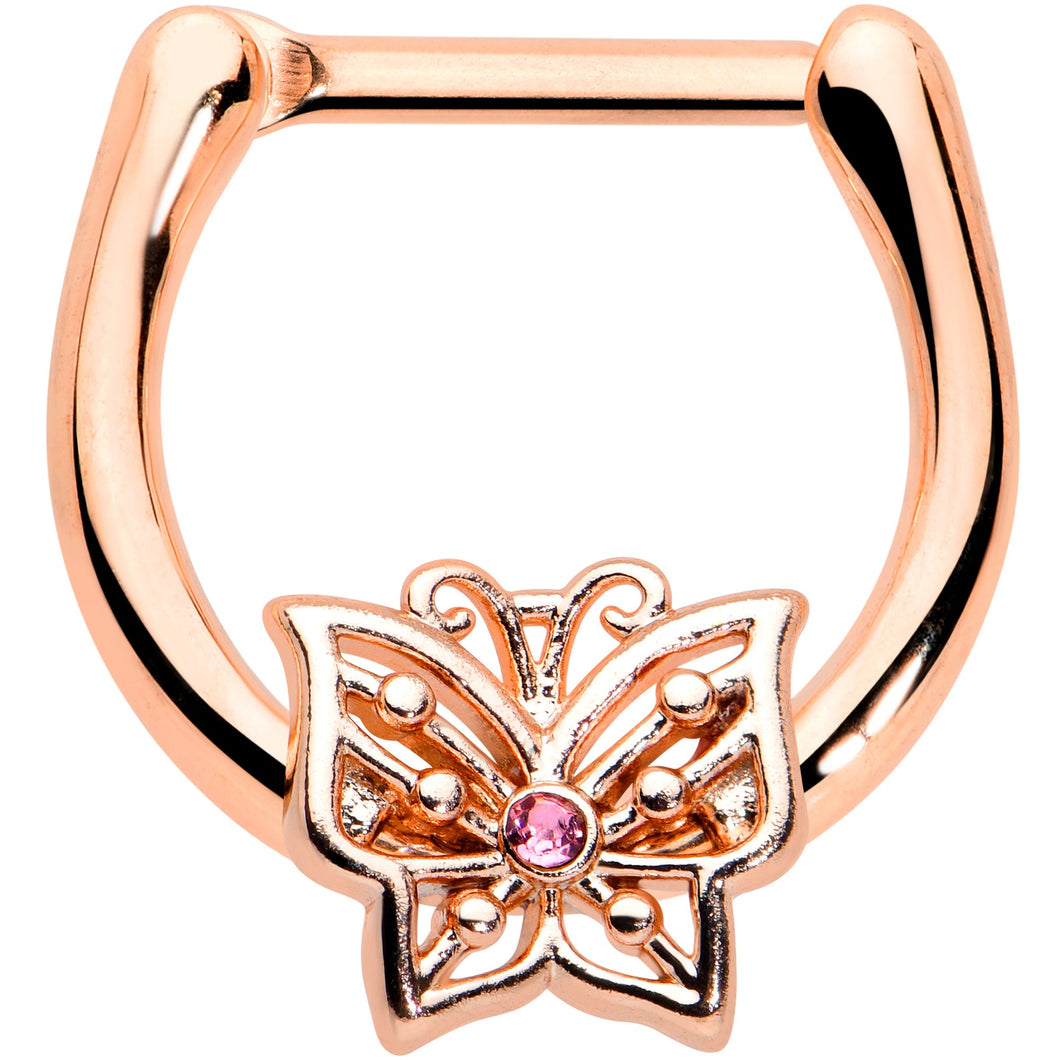 16G 5/16 Pink CZ Gem Rose Gold Tone Butterfly Cartilage Clicker