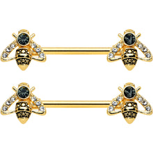 14G 9/16 Clear Black Gem Gold Tone Angular Bee Nipple Ring Set