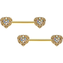 14G 9/16 Aurora Gem Gold Tone Baroque Heart Nipple Ring Set