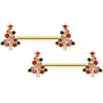 14G 9/16 Red Gem Gold Tone Christmas Tree Nipple Ring Set