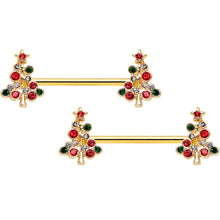 14G 9/16 Red Gem Gold Tone Christmas Tree Nipple Ring Set