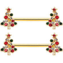 14G 9/16 Red Gem Gold Tone Christmas Tree Nipple Ring Set