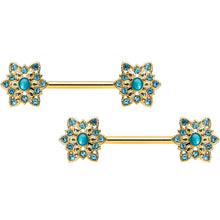14G 9/16 Aqua Gem Gold Tone Snowflake Christmas Nipple Ring Set
