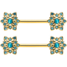 14G 9/16 Aqua Gem Gold Tone Snowflake Christmas Nipple Ring Set