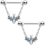 14G 9/16 White Synthetic Opal Chain Dangle Nipple Ring Set