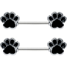 14G 9/16 Textured Black Paw Print Barbell Nipple Ring Set