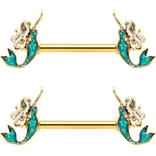14G 9/16 Green Faux Opal Gold Tone Curvy Mermaid Nipple Ring Set