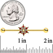 14G Red Gem Gold Tone Bright Christmas Industrial Barbell 38mm