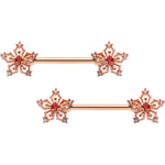 14G 9/16 Red Gem Rosy Hue Texture Snowflake Barbell Nipple Ring Set