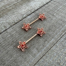 14G 9/16 Red Gem Rosy Hue Texture Snowflake Barbell Nipple Ring Set