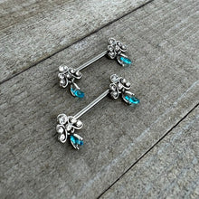 14G 9/16 Blue Gem Scrolling Elegance Dangle Nipple Ring Set