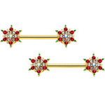 14G 9/16 Red Gem Gold Hue Bright Christmas Barbell Nipple Ring Set